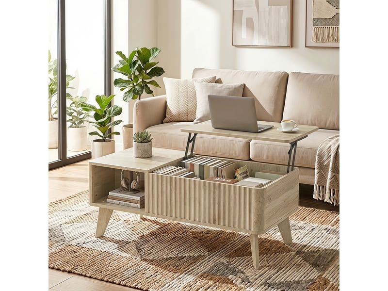  Table basse relevable design effet bois clair coffre rangement 2 niches  - Conforama E