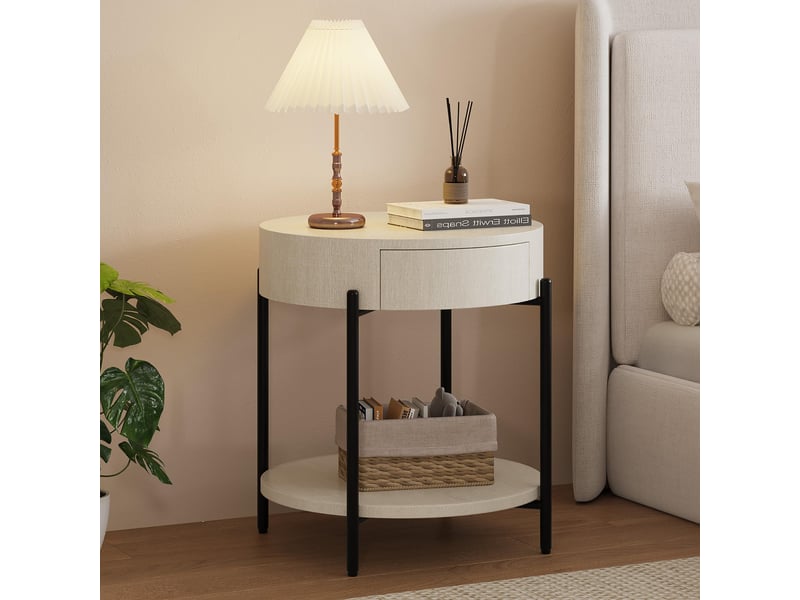  Table d'appoint ronde style ferme, tiroir rangement, bois vintage, pieds métal solides, idéale salon chambre, pratique élégante PHO_34Y6WPQM - Conforama C