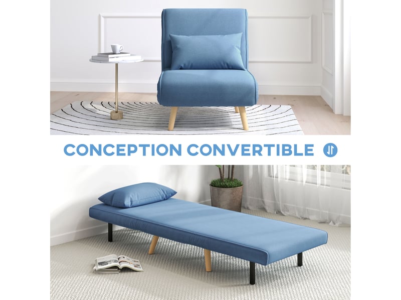  Fauteuil convertible design scandinave - coussin - bois tissu bleu  - Conforama D