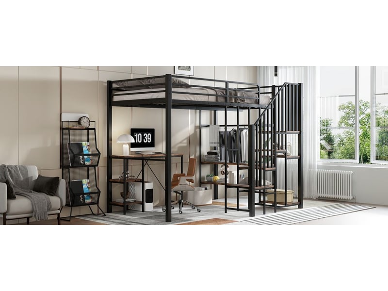  Lit superposé enfant 120x200, escalier rangement sécurisé lit enfant, bureau, étagères, penderie, structure métal, bois vintage  - Conforama B