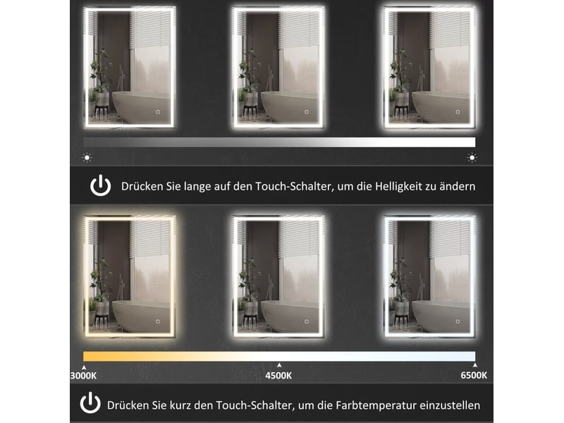  Miroir de salle de bains led 90 x 70 cm argent en verre trempé, éclairage réglable et antibuée  - Conforama E