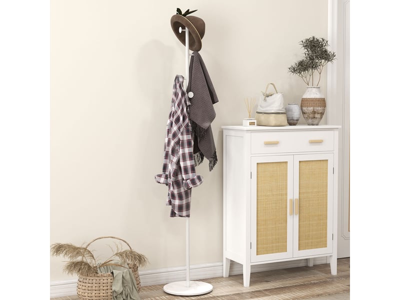  Porte-manteau sur pied avec 6 crochets disques et base en ardoise, en acier blanc, idéal pour l'entrée et la chambre.  - Conforama B