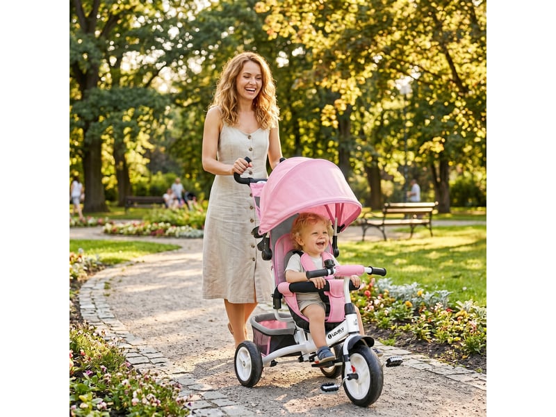  Tricycle pour enfants de 1 à 5 ans avec poignée et capote réglable, 102 x 49 x 102 cm, blanc et rose  - Conforama B