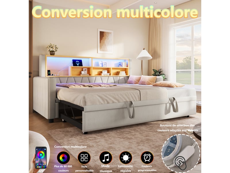 Canapé-lit 90 × 200 cm + 180 × 200 cm – avec bande led – avec prise électrique – revêtement en lin – beige (matelas non inclus) - Conforama E