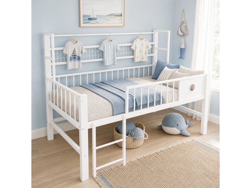  Lit mezzanine bas enfant 90x200 cm avec rangements coloris blanc  - Conforama D