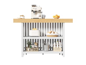 Table haute de bar mange-debout comptoir avec 2 étagères, bois naturel plateau mdf blanc
