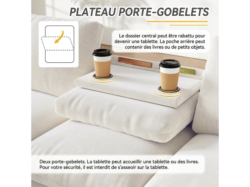  Canapé d'angle en chenille beige 4 places avec rangement - table basse rabattable et ports usbtype-c  - Conforama R