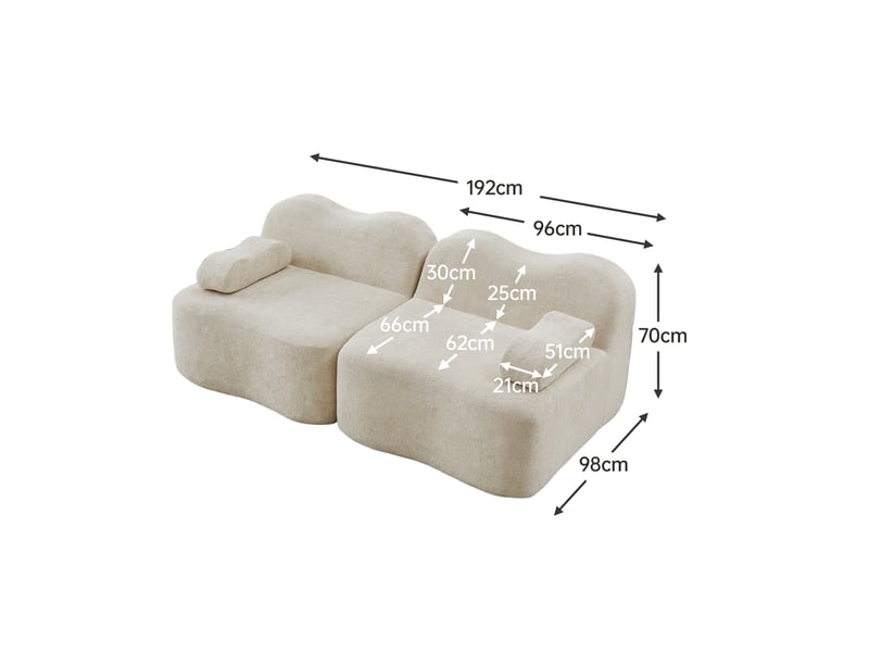  Canapé modulable 2 places, canapé de sol sans structure en forme de vague pour salon, assise profonde en velours doux sans montage l192 cm, beige  - Conforama E