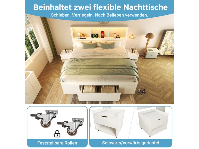 Lit double 140x190 cm avec éclairage led et port usb-c, blanc, lit coffre avec tiroirs et étagères et table de chevet amovible  - Conforama W