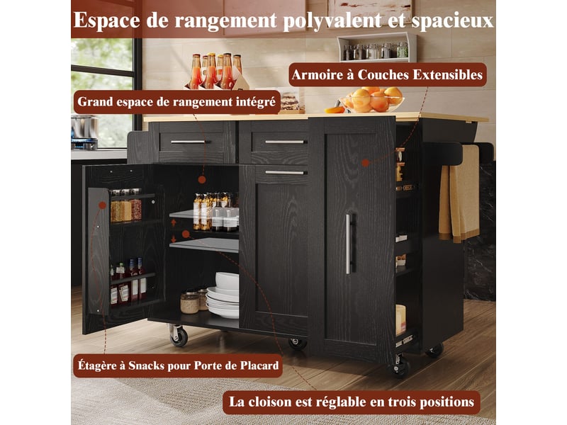 Îlot central de cuisine 110 x 4674 x 90.5 cm, avec plateau rabattable, étagères de rangement et roulettes, noir - Conforama D