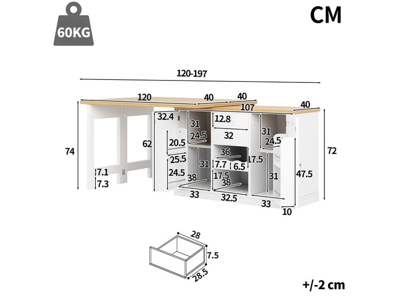 Îlot de cuisine extensible 120-197 cm avec table pivotante 360°, porte-bouteilles et rangements, blanc et noir - Conforama C