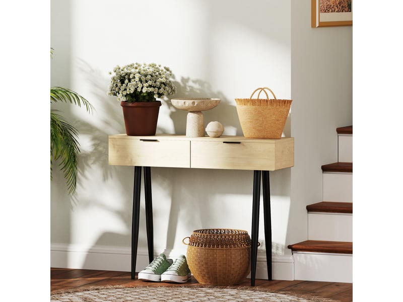 Meuble d'entrée avec 2 tiroirs et pieds en acier, chêne, 100 x 30 x 80,5 cm  - Conforama D
