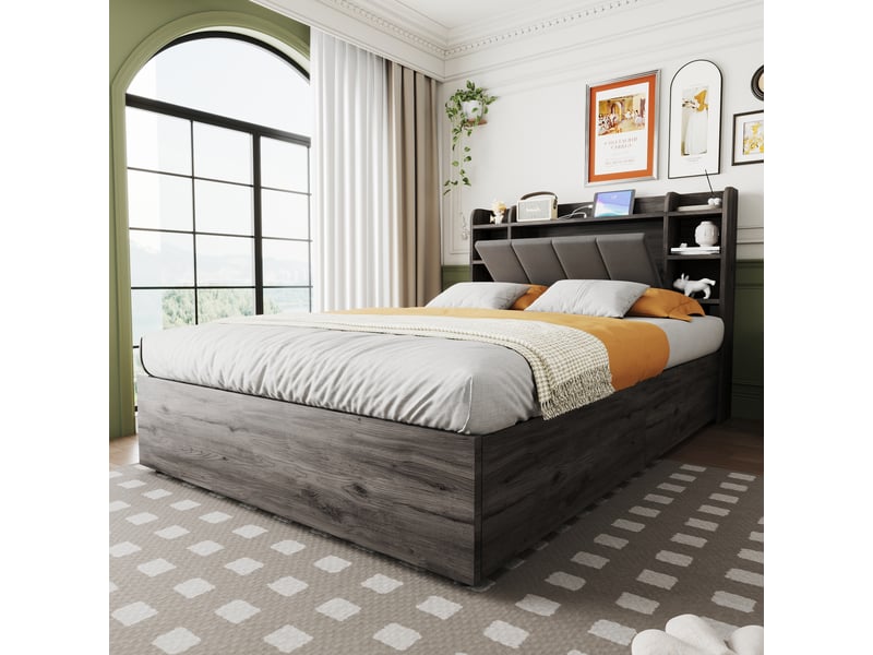  Lit double en bois 140 x 200 cm, relevage hydraulique, ports usb et type-c, gris, sans matelas avec rangements  - Conforama E