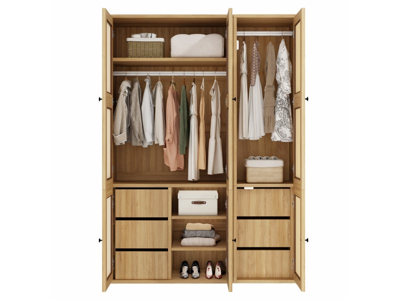  Armoire 6 portes décor rotin, 6 tiroirs 135x47x200 cm, mdf chêne clair  - Conforama D
