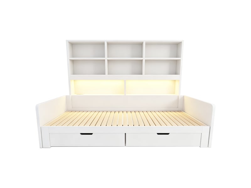  Canapé-lit extensible 90180×200 cm avec led, rangements et tiroirs, blanc  - Conforama A