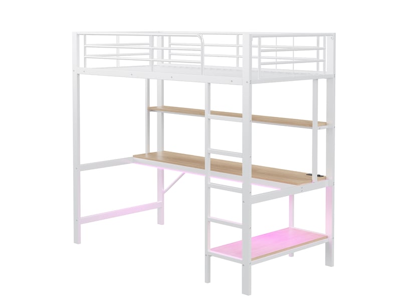 Lit mezzanine blanc 90x200 cm avec bureau, led, usb, prise et étagères - Conforama D