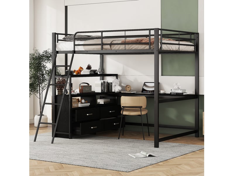  Lit mezzanine 140x200 cm en métal et mdf avec bureau en l et tiroirs, noir  - Conforama E