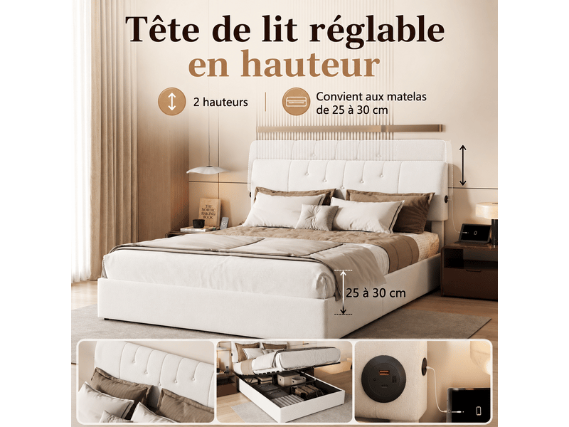  Lit coffre hydraulique 140x190 avec sommier à lattes - tête de lit rembourrée  - rangement - velours teddy - lit double 2 personnes 140x190cm avec , tête de lit capitonné avec chargement usb type-c, 2 personnes, tissu sherpa, bl…  - Conforama R