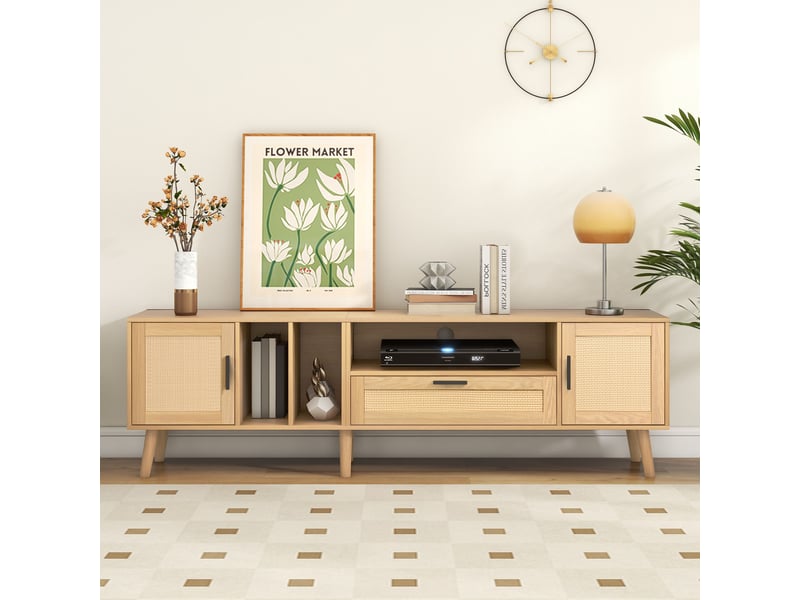  Déstockage : meuble tv 180 cm en rotin avec rangement et pieds bois, design naturel chaleureux  - Conforama B