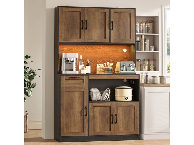 Buffet de cuisine haut 110x40x180 cm, meuble rangement 6 portes 1 tiroir, mdf naturel et noir  - Conforama B