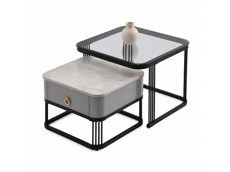  Table basse modulaire avec 2 tiroirs, plateau effet marbre et verre, structure gigogne, en mdf noir, pour salon  - Conforama A