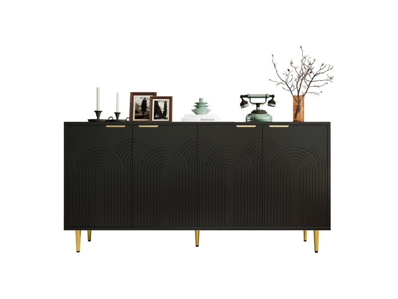  Buffet, noir, mdf et panneau de particules, 160 × 40 × 80 cm, 4 portes, étagères réglables, poignées dorées, façades brillantes  - Conforama A