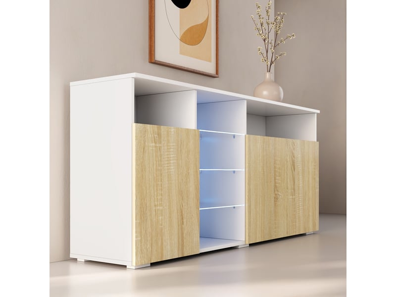  Buffet de salon bas 3 portes avec led | 150x70x35cm | meuble de rangement | modèle clark | Blanc et sonoma Clark - Conforama B