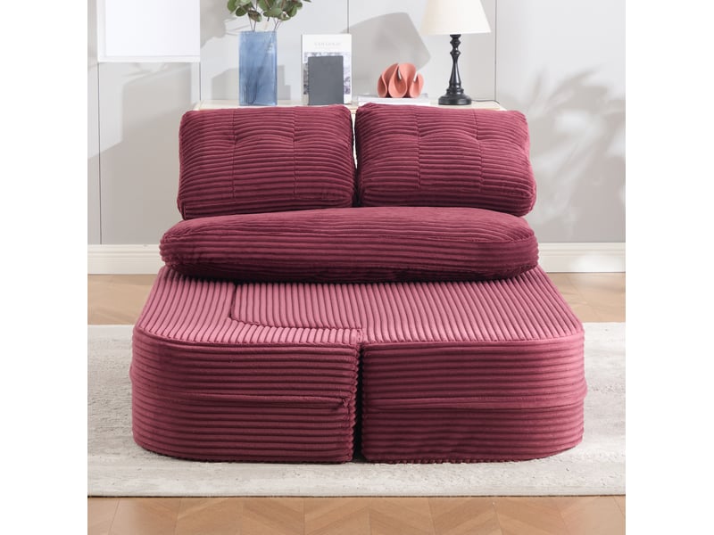 Canapé 2 places modenvie 2 en 1 avec fonction chaise longue, accoudoirs amovibles, porte-gobelets et velours côtelé rouge vin - Conforama E