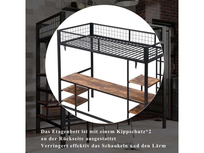  Lit mezzanine 90x200, structure métal lit mezzanine enfant, bureau intégré, étagère, échelle 4 marches  - Conforama E