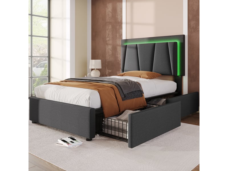 Lit jeune 90x200 cm avec tête réglable et 2 tiroirs, lin et métal, gris, sans matelas - Conforama W