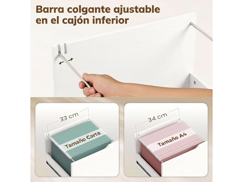  Meuble pour imprimante à roulettes, 3 tiroirs, barre réglable, 2 étagères ouvertes et poignées pour documents a4, blanc  - Conforama E
