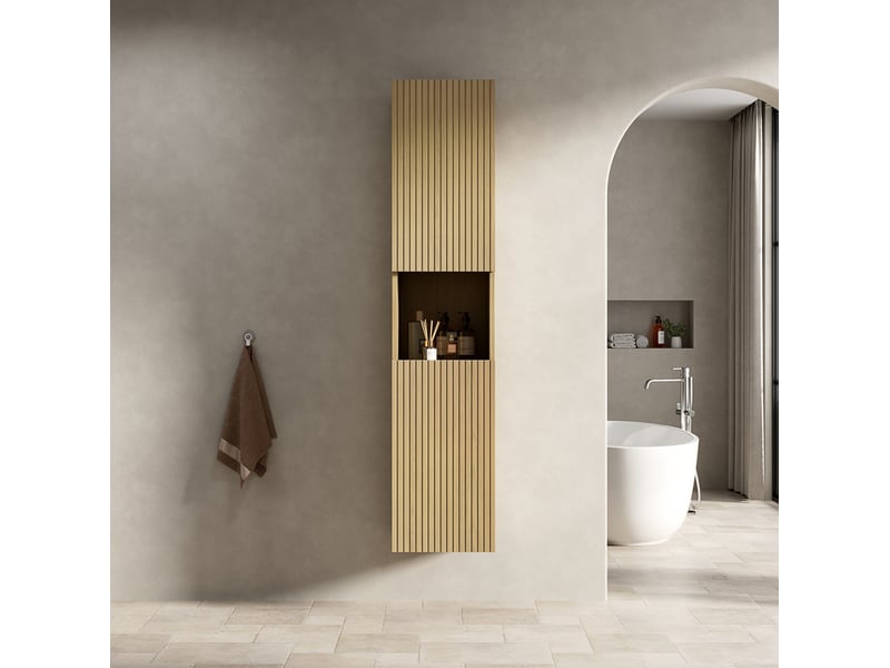 Armoire murale de salle de bain avec 2 portes, niche ouverte et étagères réglables, en contreplaqué chêne doré - Conforama B