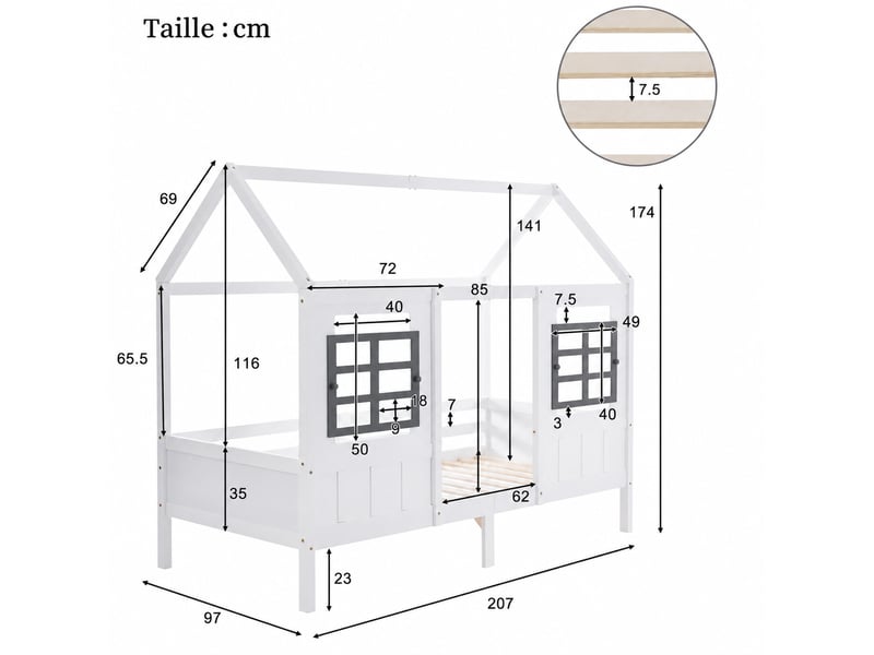  Lit enfant 90x200 cm – lit simple type cabane avec 2 fenêtres – cadre mdf – sans matelas – blanc  - Conforama C