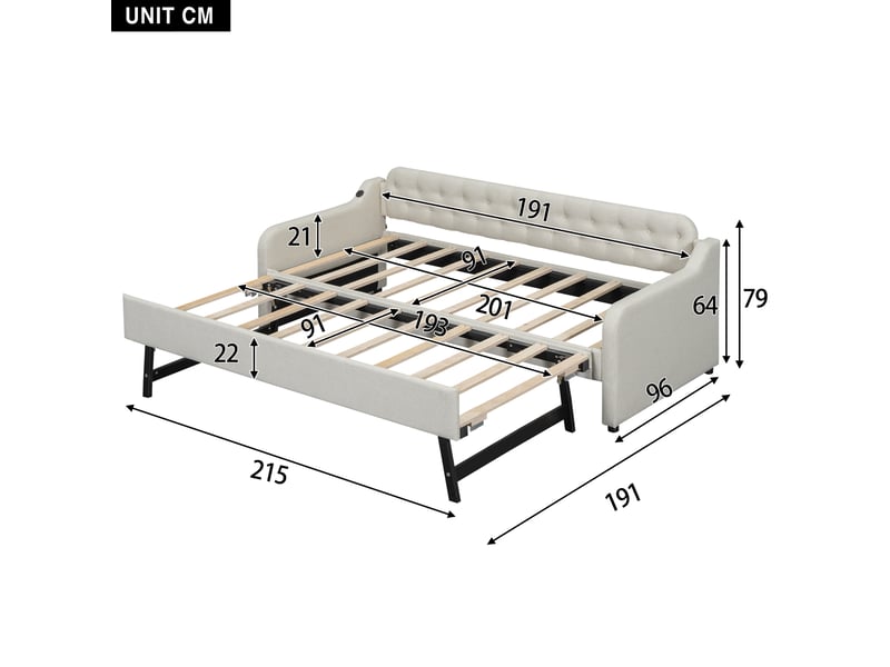  Canapé-lit 2 places avec port usb, lit gigogne extensible avec sommier à lattes, recommandé pour matelas de 10-15 cm, beige  - Conforama C