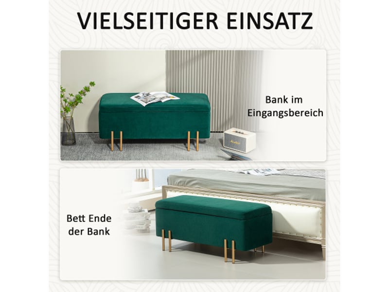  Banc coffre vert rembourré avec rangement, métal, bois d’hévéa et mousse, 100x40x42 cm  - Conforama B