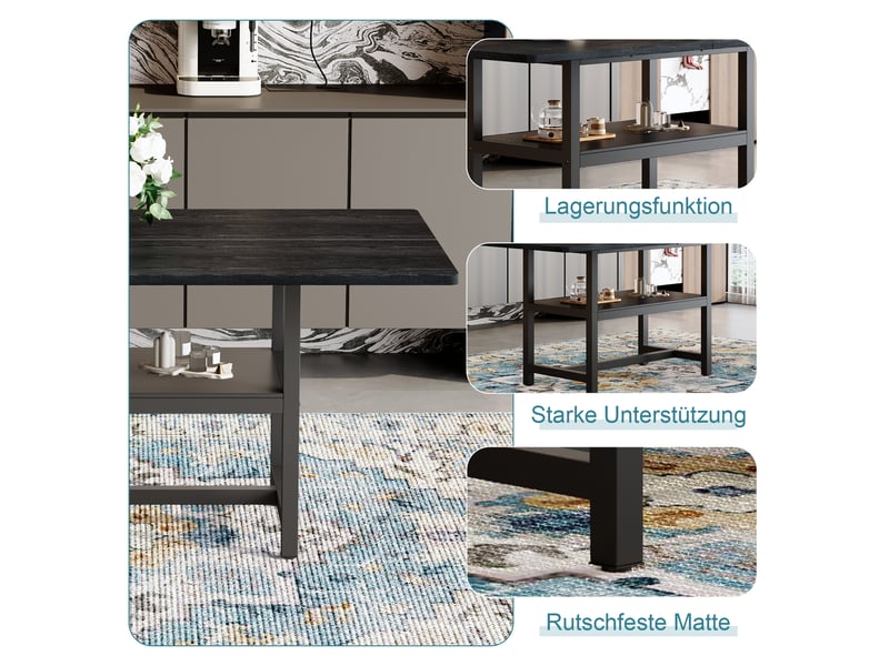  Table de salle à manger rectangulaire noire rayofi, 160x90x76 cm, 4-6 personnes, plateau mdf imitation bois noir, pieds métal avec étagère de rangement  - Conforama E