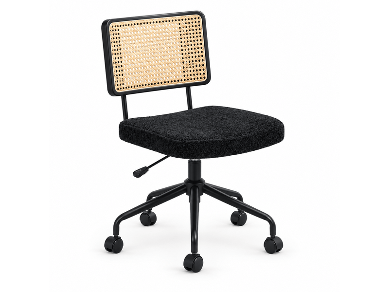 Chaise de bureau vintage en rotin avec roulettes – siège chenille noir, pivotante et réglable, cadre en bois - Conforama A