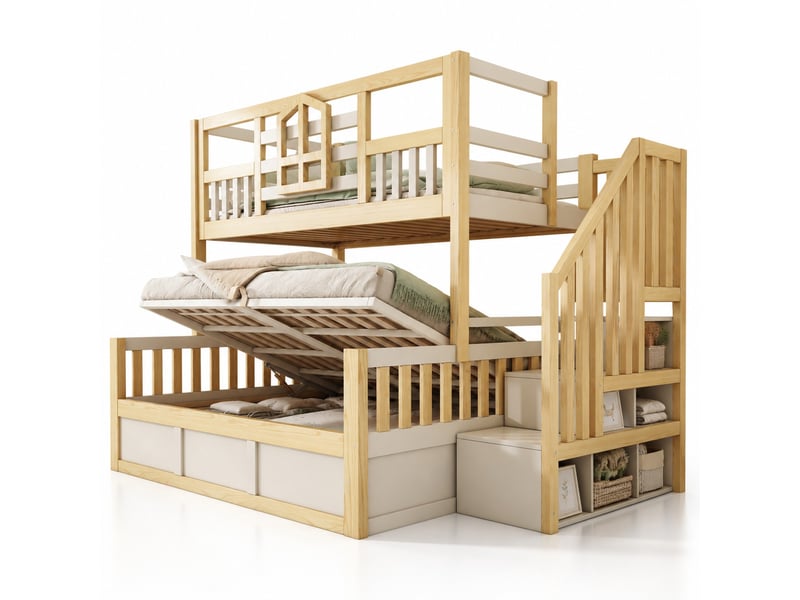  Lit superposé enfants cabane 90140 x 200 cm avec escalier de rangement et coffre hydraulique en bois blanc et chêne  - Conforama A