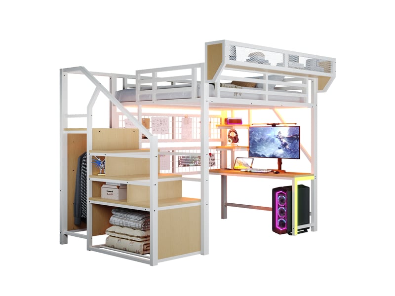  Lit de mezzanine métallique 140x200 cm avec bureau, étagère et filet de rangement, échelle sécurisée, éclairage led et prise, garde-corps surélevé, blanc ABC - Conforama A