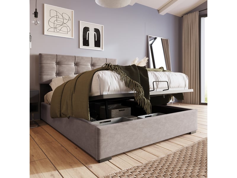  Lit coffre simple 90x200 cm avec tête réglable, velours, gris clair, matelas inclus  - Conforama W