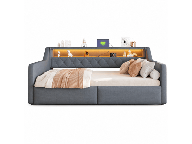  Lit banquette coffre 90x200cm avec rangement hydraulique,led,lit de jour avec usb et type-c et étagère,lin et mdf,gris  - Conforama A