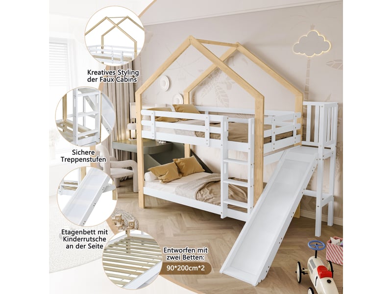  Lit cabane blanc et naturel 90x200 cm en bois massif, toboggan, échelle à 3 marches, toit et barrières de protection  - Conforama D