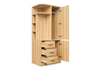 Armoire 70x50x170 cm à 1 porte avec étagères, tiroirs et crochets, coloris bois naturel