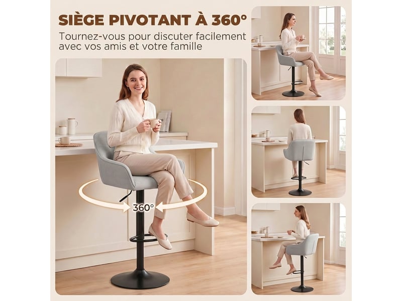  Tabourets de bar lot de 2, chaises de bar en chenille, hauteur réglable, dossier et repose-pieds, pivotant 360°, gris  - Conforama R