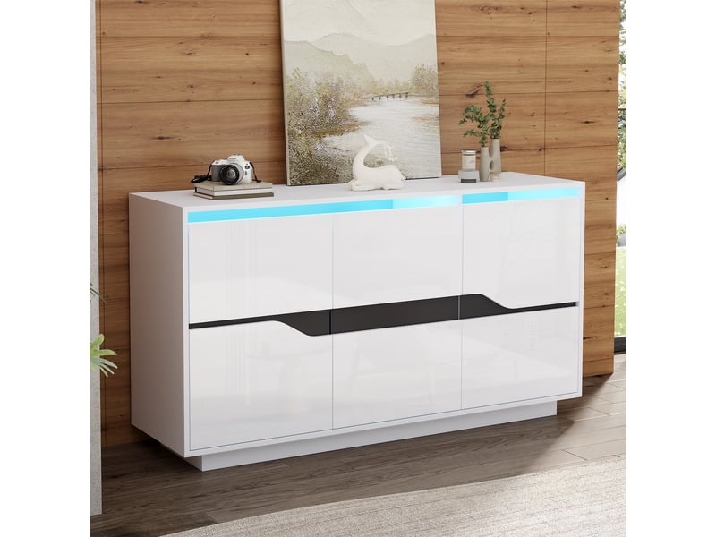  Buffet avec 3 portes, 5 étagères réglables et éclairage led, blanc et noir, 140 × 40 × 70 cm  - Conforama B