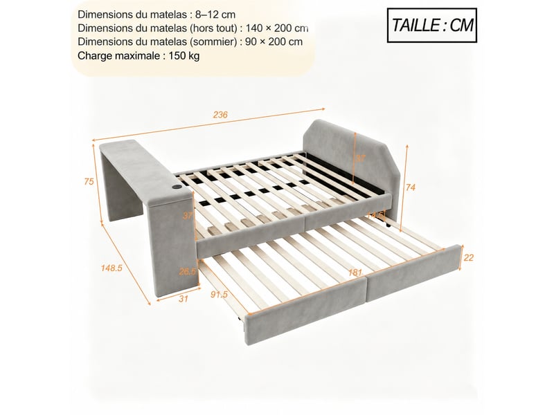  Lit enfant 140 x 200 cm rembourré avec bureau intégré, lit gigogne 90 x 200 cm et prise usb, velours gris, sans matelas  - Conforama C