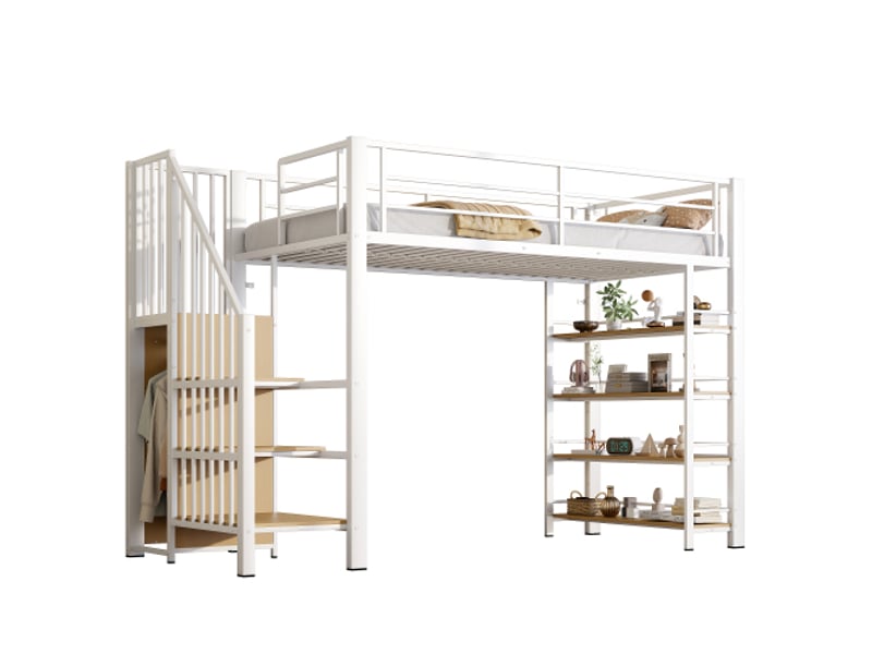  Lit mezzanine 90x200 cm, lit simple avec escalier de sécurité, rangements et petite penderie, étagères, sans matelas, en métal, blanc  - Conforama A