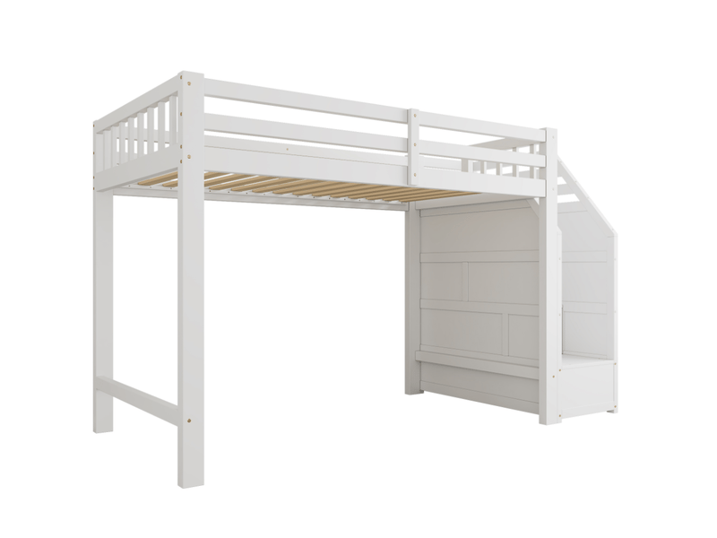  Lit mezzanine 90x200 cm avec garde-corps, escalier de rangement, bois, blanc sans matelas  - Conforama A