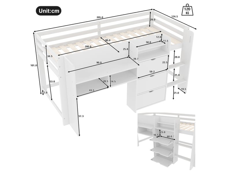 Lit mi-hauteur enfant 90x200 cm forme maison avec rangements bois mdf blanc sans matelas  - Conforama C