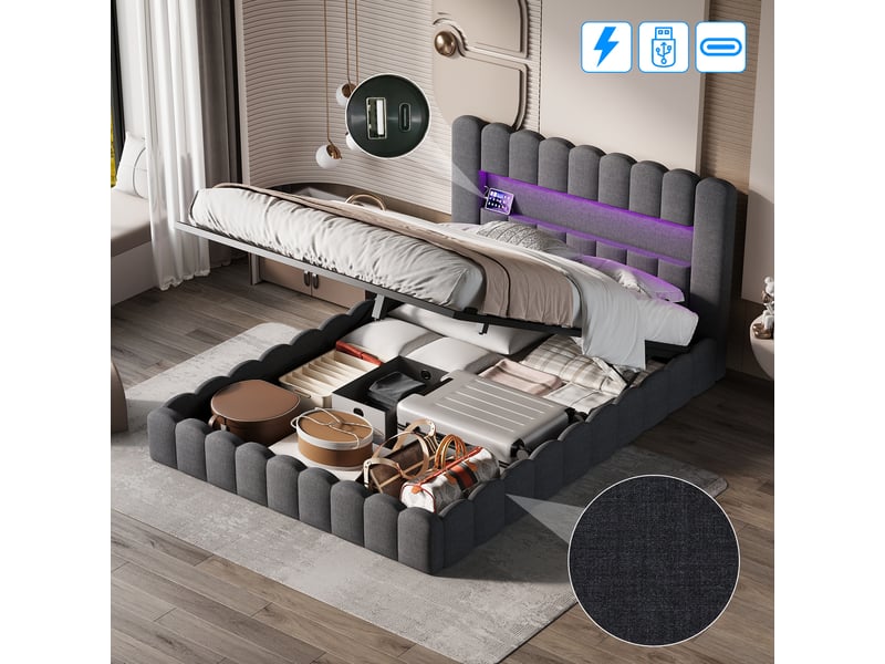  Lit coffre capitonné 160x200 cm, lit 2 places avec sommier, led et usb, rangement et tête de lit, lit adulte en lin, gris  - Conforama E